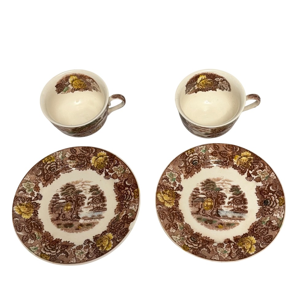 Vintage Nasco Mountain Wood-land Tea Cup Saucer Set 4pc Brown Transferware Japan